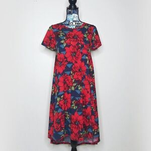 LULAROE Xmas Floral Carly Swing Dress Poinsettia Christmas Holiday High Low XS